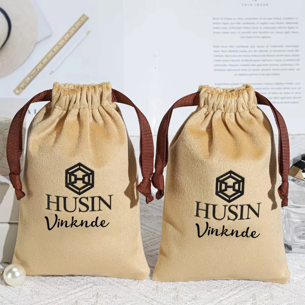 100pcs Custom Logo Jewelery Velvet Drawstring Bag Soft Champagne Velvet Suede Pouches Packaging for Wedding Party Gift Organizer