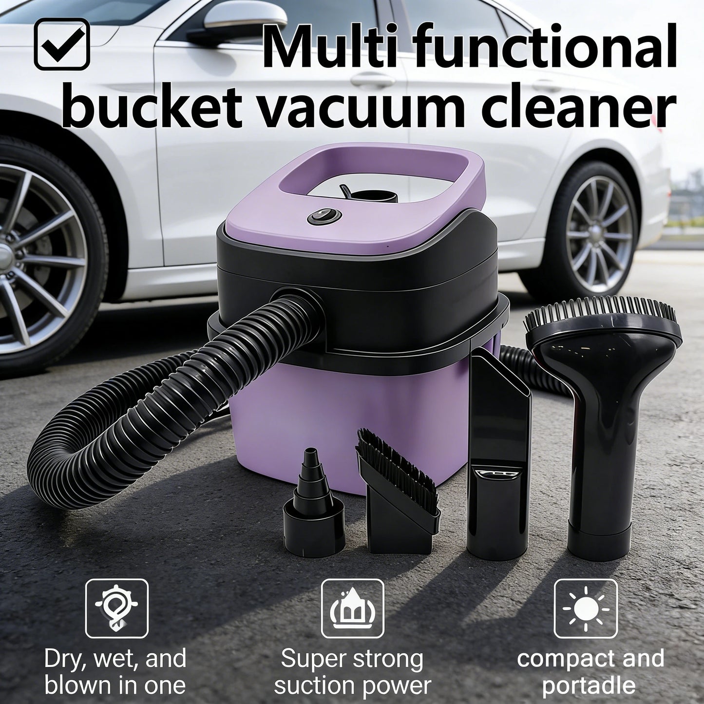 3in1 Handheld Car Vacuum Cleaner Wet Dry Use Powerful Suction Large Capacity Easy to Clean Suitable for Car Interior Cleaning