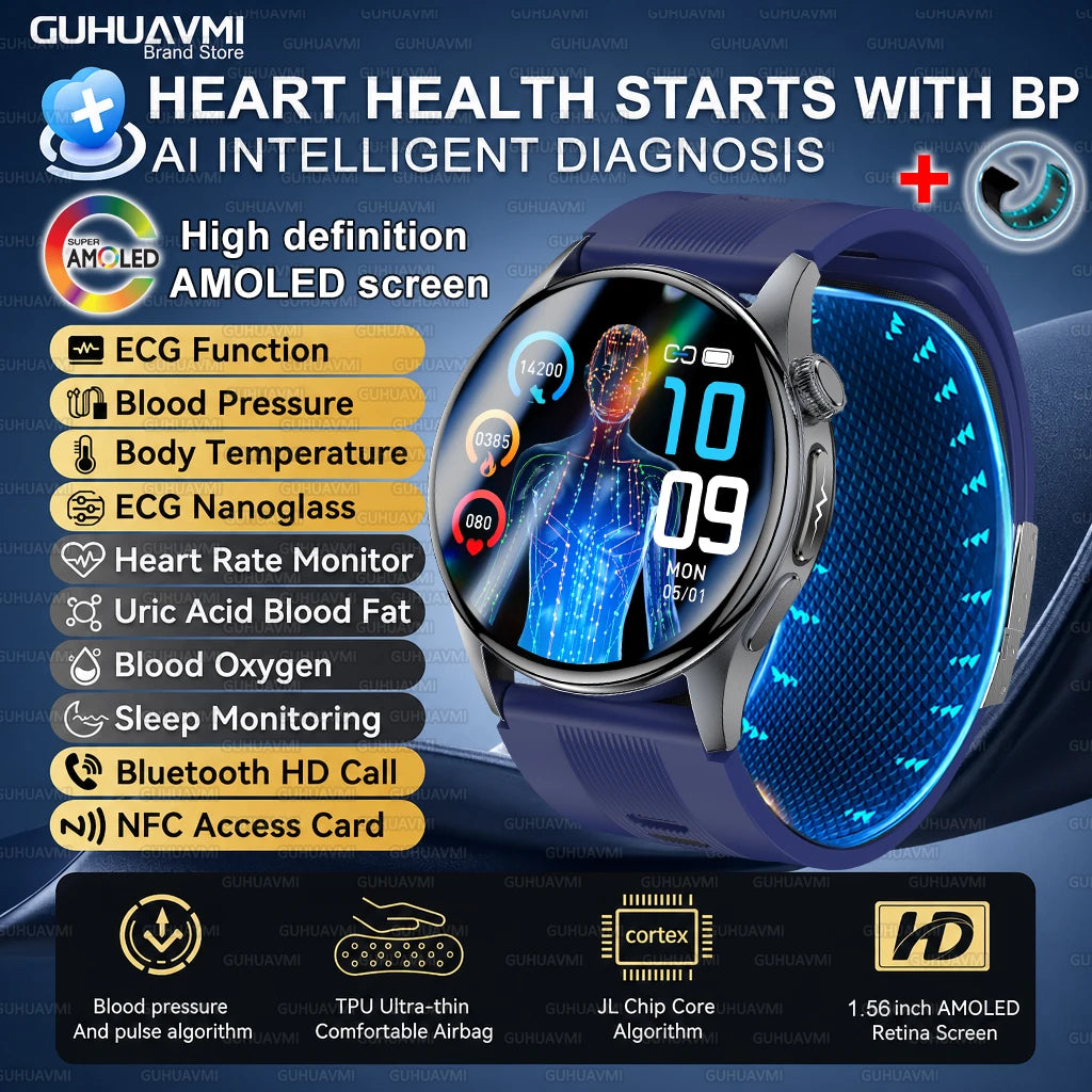 2026 New Nursing Grade Air Pump Airbag Smart watch Cuff Blood Pressure Detection ECG+PPG Multi Health Monitoring Smart Watches