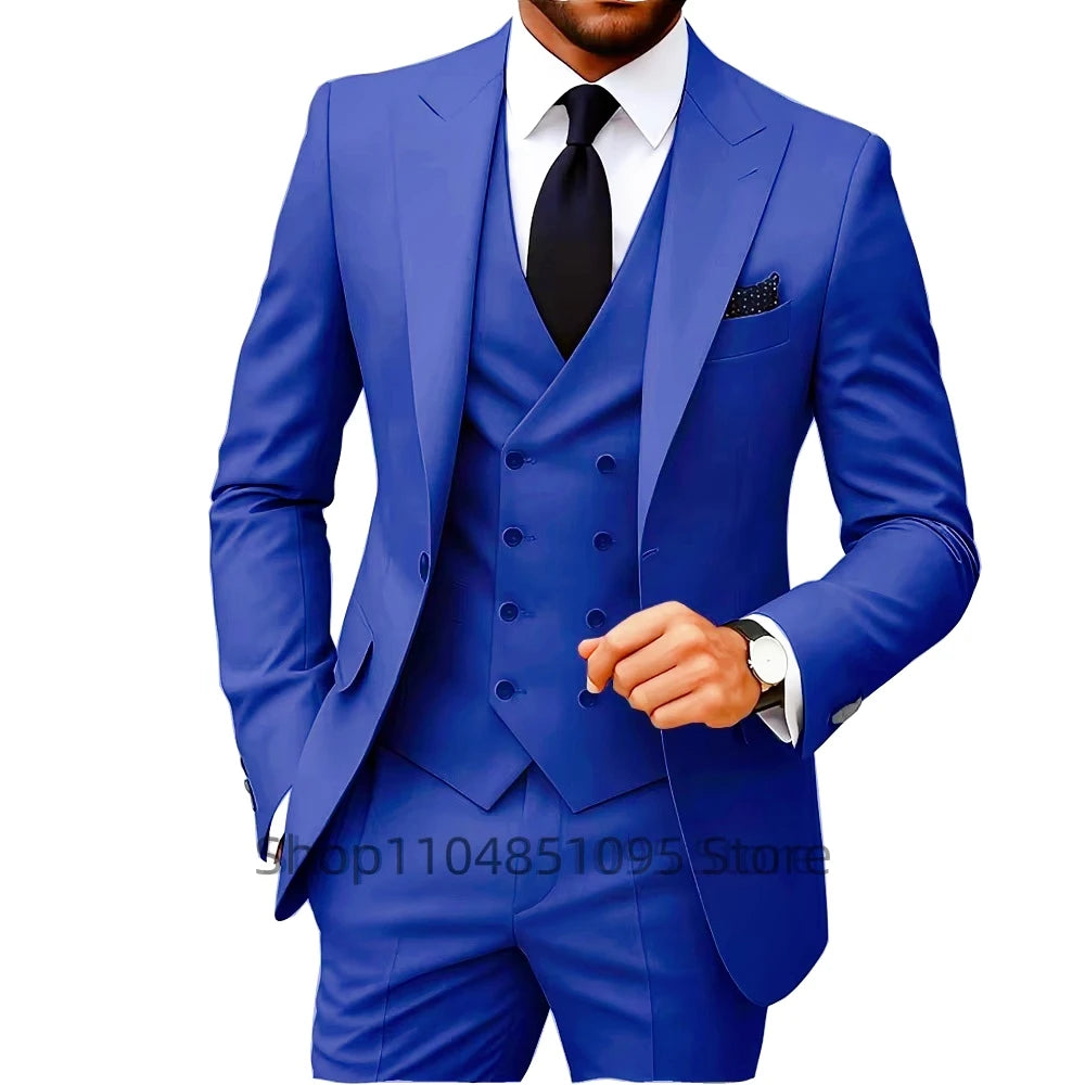 Slim Fit 3-Piece Men's Suit Set for Office Formal Business Wedding Groom Tuxedos Jacket Vest Pants Casual Male Men Clothing