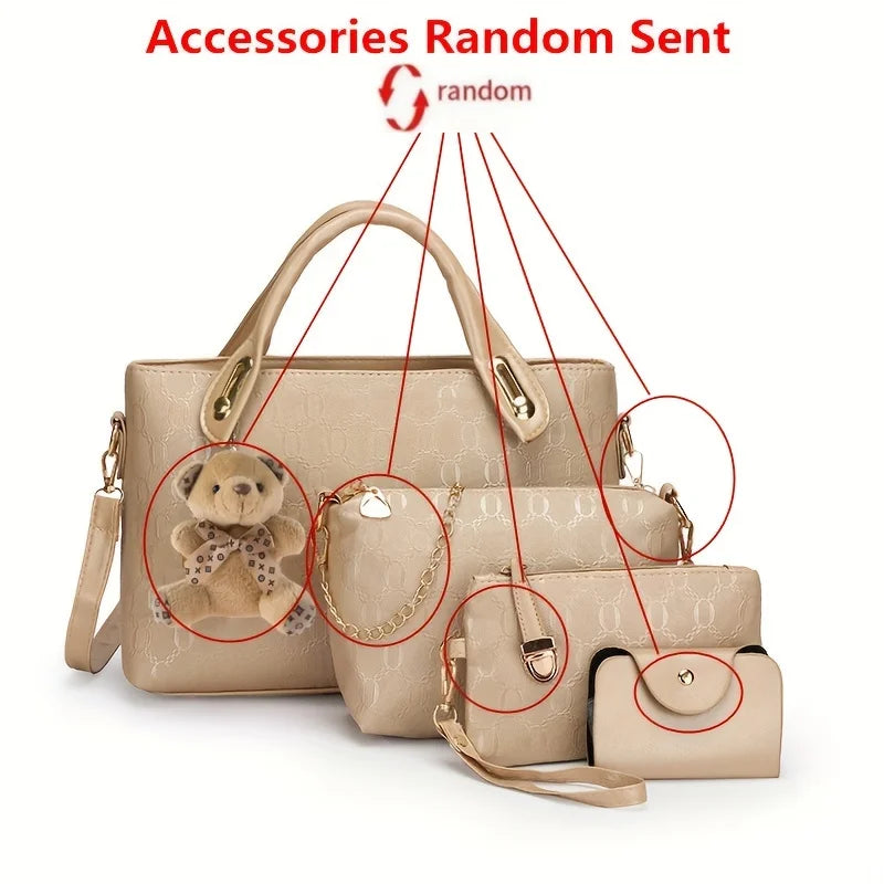 4pcs Geometric Pattern Tote Bag, Fashion Handbag Chian Crossbody Bag, Clutch Bag and Card Holder Purses and Handbags Hand Bag