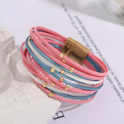 ALLYES Charm Triple Color Leather Bracelet for Women Bohemian Metal Beads Multilayer Thin Strip Wrap Bracelets Fashion Jewelry