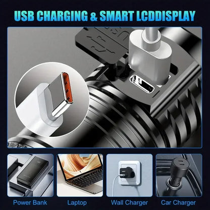 High Strong Power Led Flashlights 2000LM Tactical Torch with Display Light USB Charging Camping Fishing Emergency Zoom Lantern