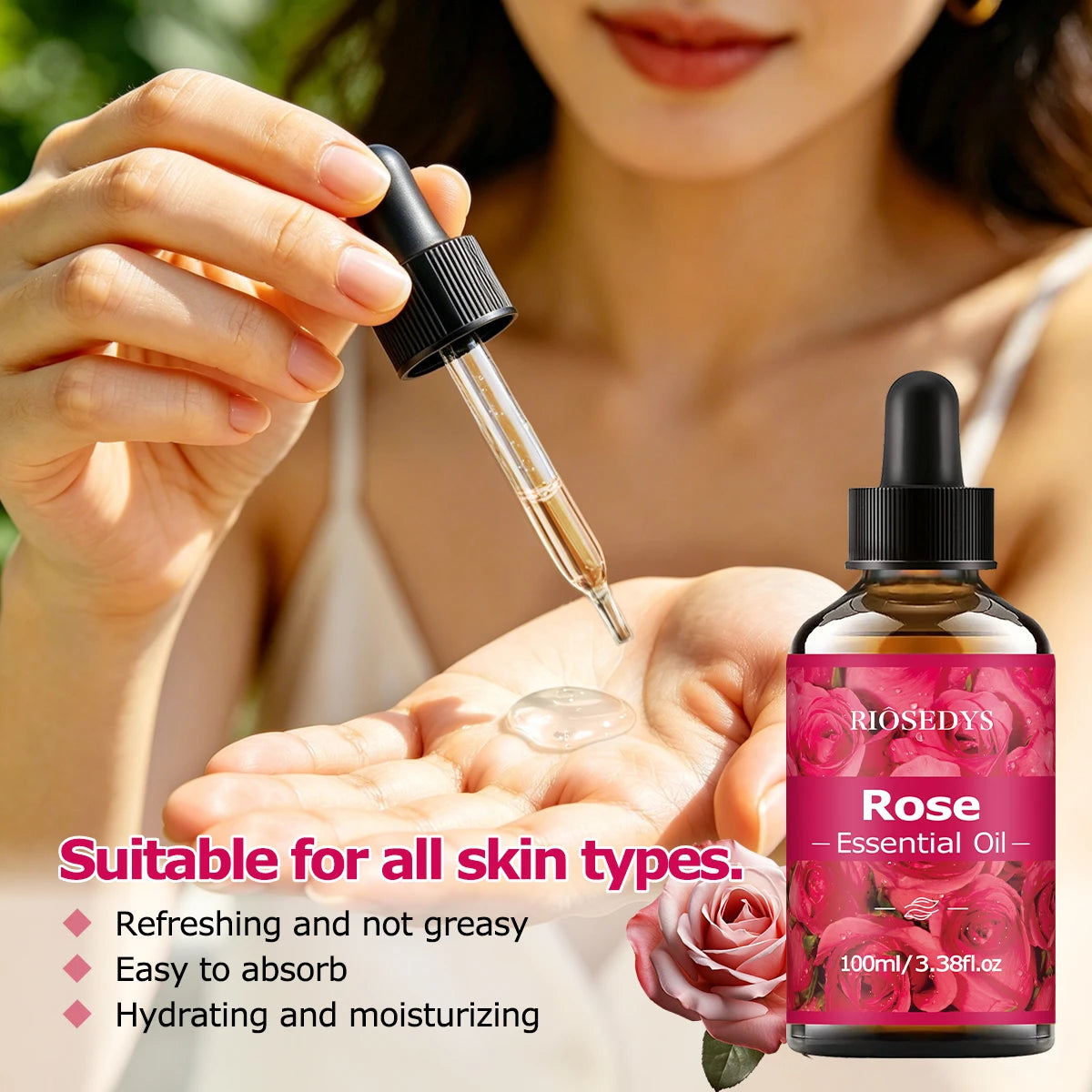 100ml ROSE ESSENTIAL OIL is a Suitable for massage and skincare, deeply nourishes and moisturizes, and improves skin condition.