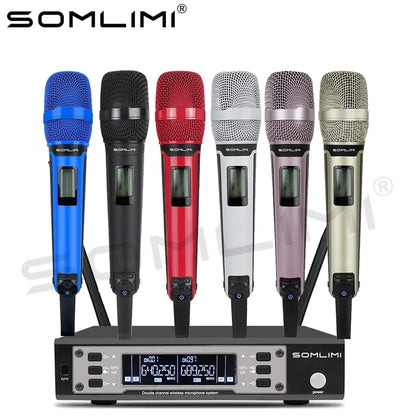 SOMLIMI 135G4 UHF Dual Channels Profession Wireless Microphone System Stage Performance Dynamic Long Distance Metal Handheld