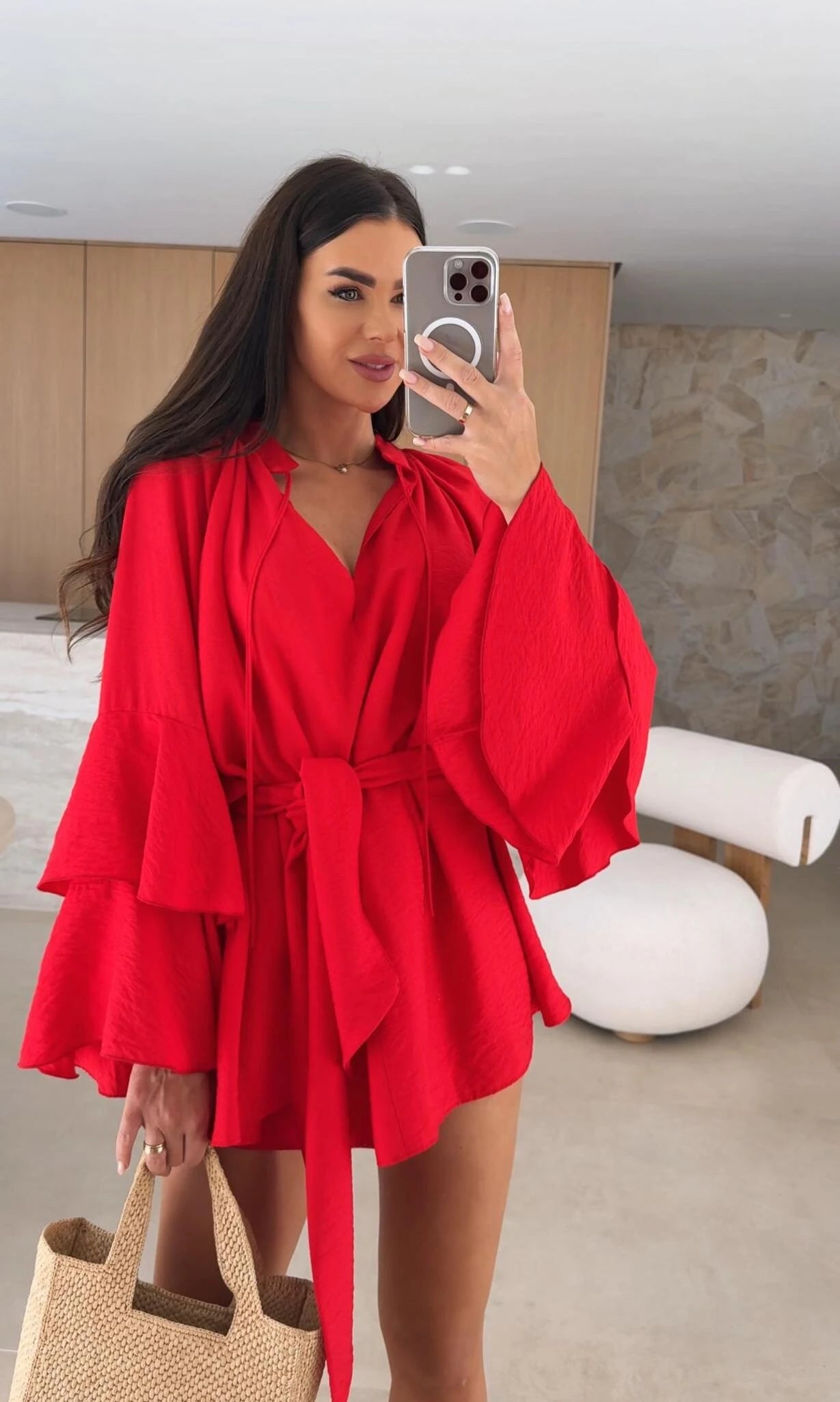 Women's V Neck Tie Waist Mini Dress With Tiered Bell Sleeves Casual Short Romper