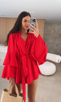 Women's V Neck Tie Waist Mini Dress With Tiered Bell Sleeves Casual Short Romper