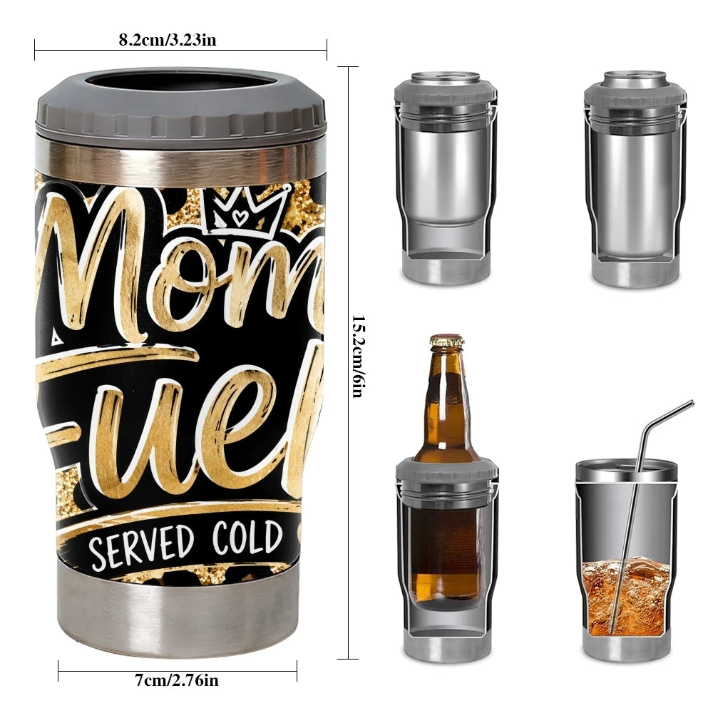 Mama Needs a Drink Leopard Vacuum Flasks 4-in-1 Stainless Steel Can Cooler Insulated Beer Soda Coffee Holder Dual Lids Fits 12oz