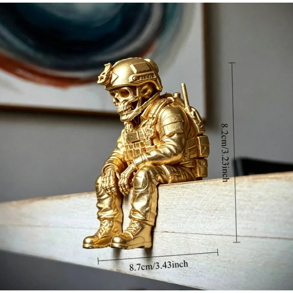 Sitting Tactical Skull Soldier Cool Ornament Home Office Military Skull Soldier Figurine Whimsical Seated Warrior Ornament Decor