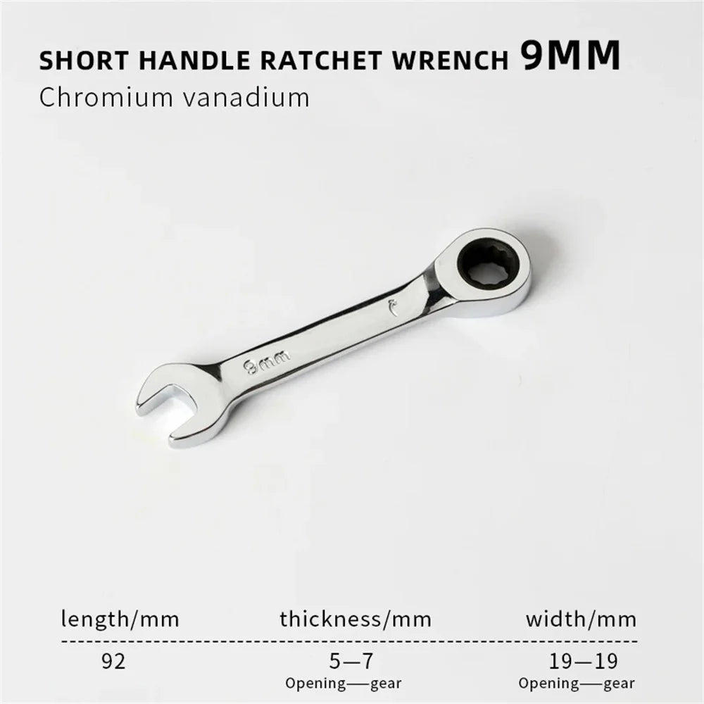 1Set 6mm-19mm Reversible Combination Stubby Single Wrench Stubby Combination 72 Tooth Ratchet Socket Spanner Nut Repair Tools