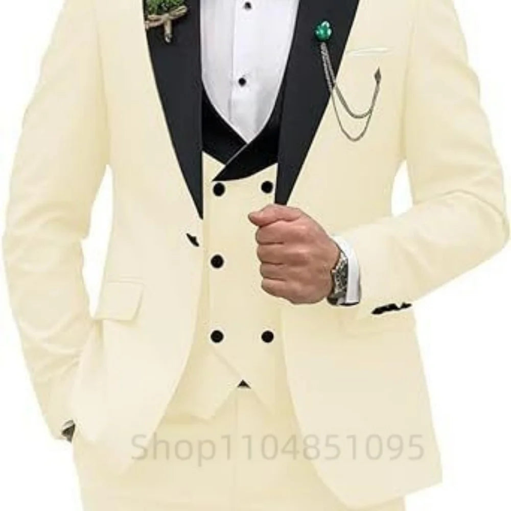 3 Pieces Men's Wedding Suits Formal Groom Tuxedo Slim Fit Business Blazer Double Breasted Vest Pants Set for Party