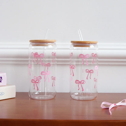 1/2/4/6Pcs Glass Cups with Bowknot Print, with Lid and Straw, Exquisite and High-End Bowknot Glass Cups, Suitable for Home Decoration, Daily Household Drinking Cups, Outdoor Picnic Cups, Party Cups, Breakfast Milk Cups, Gift-