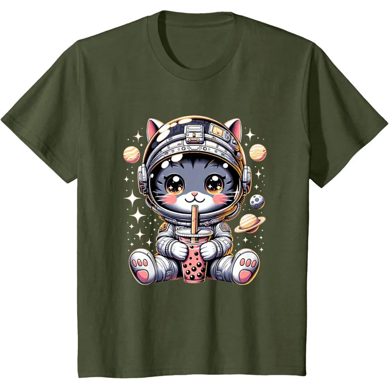 Astronaut Cat Pattern T Shirt For Women Cute Animal 3D Printed Short Sleeves Summer Leisure Tees Round Neck Loose Tops T-Shirts