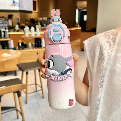 X&W  Zootopia Judy Nick Stainless Steel Insulated Cup Double Drinking Straw Cup Warm and Cold Proof Outdoor Sports Water Bottle