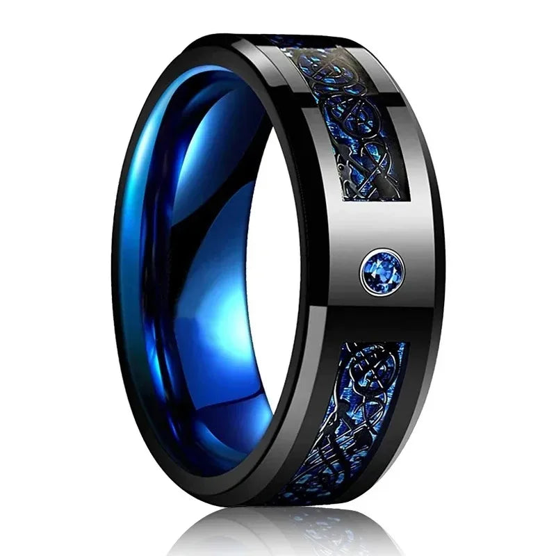 30 Colors Fashion 8MM Men Stainless Steel Celtic Dragon Rings Inlay Carbon Fiber Rings For Men Women Wedding Party Jewelry Gifts