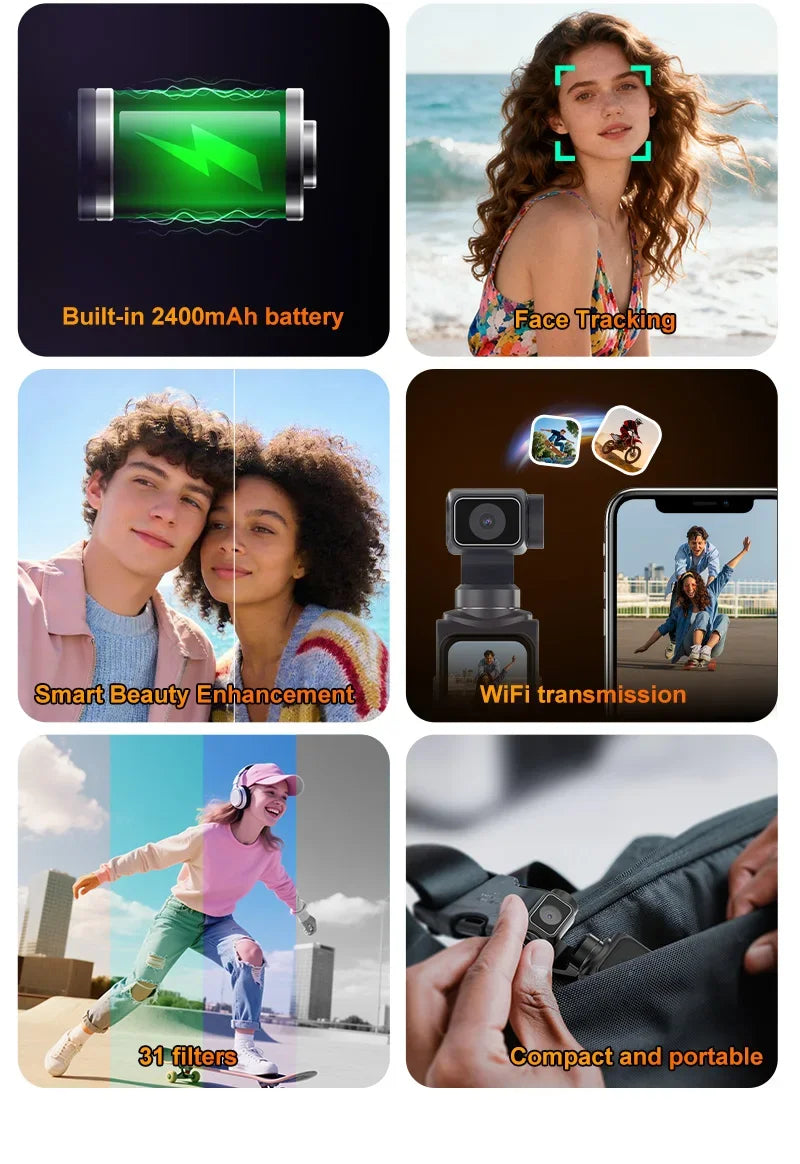 4K Vlog Action Camera 330° Face Tracking 18x Zoom 2400mAh Battery Gimbal Stabilizer 1.72 Inch Touch Screen WiFi Sports Cam