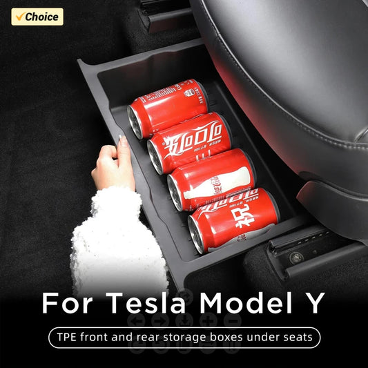 TPE Under Seat Storage Box For Tesla Model Y Juniper 2025 Center Console Organizer Bin Front Backseat Bag Trash Tray Accessories