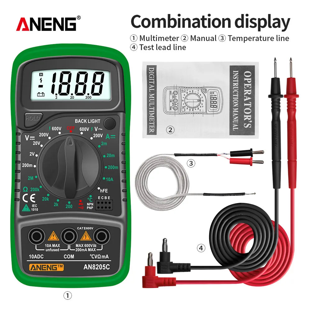 Digital Multimeter Professional ANENG AN8205C AC/DC Voltage Meter DC Current Resistance Diode -40℃~1000℃ LCD Backlight Tester