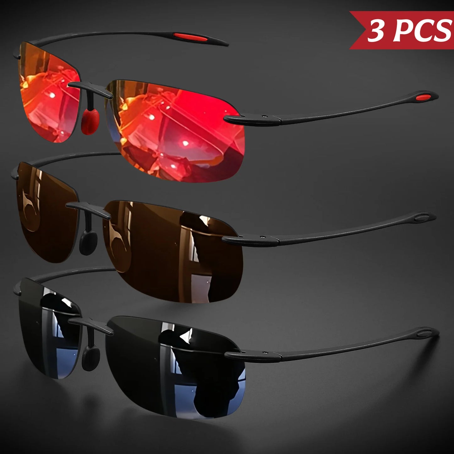 3PCS Ultra Light 11g TR90 Frameless Polarized Sunglasses - Flexible & Comfort Fit, Square Shape for Driving, Fishing, Outdoor
