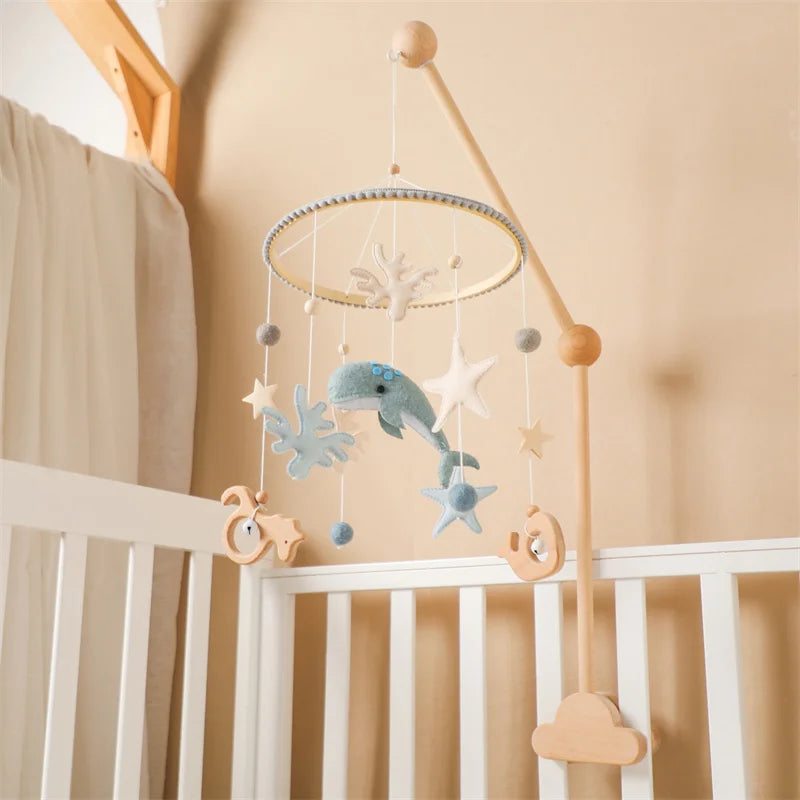 Baby Soft Felt Cartoon Wool Ball Seashell Rattles Hanging Bed Bell Newborn Mobile Crib Wooden Bracket Montessori Education Toys