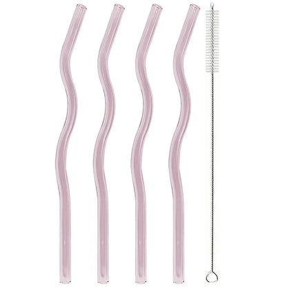 4pcs 200*8mm Glass Straws Wavy Colorful Drinking Straw Set with Brush High Borosilicate Glass Straw Kitchen Party Bar Drinkware