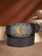 Western Cowboy PU Leather Belt - Men Waist Strap Bull Decoration Floral Engraved for Jeans