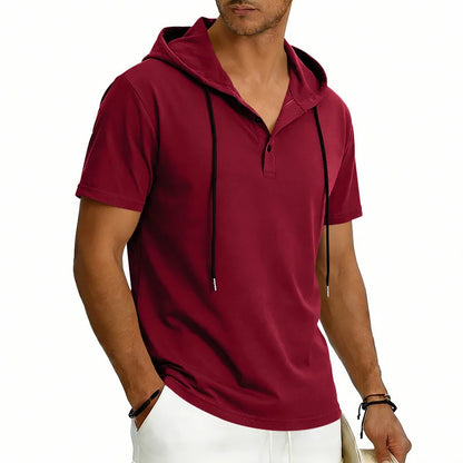 Summer Men's Short Sleeve Hooded T-Shirt Henry Neckline Drawstring Design Casual Loose Breathable Sporty Vest