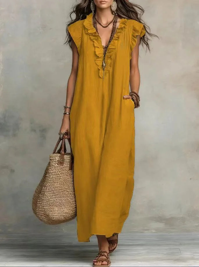 2026 Summer Women Boho Cotton Linen Maxi Dress Solid Color Ruffle V Neck Sleeveless Loose Long Dresses With Pockets Casual Beach