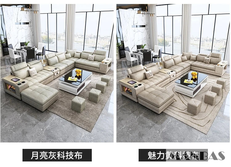 Modern U-Shaped Fabric Couch with Stools, Sectional Sofa Set with Storage Console & Cup Holder, Modular Corner Sofa with Pillows