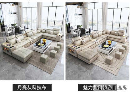 Modern U-Shaped Fabric Couch with Stools, Sectional Sofa Set with Storage Console & Cup Holder, Modular Corner Sofa with Pillows