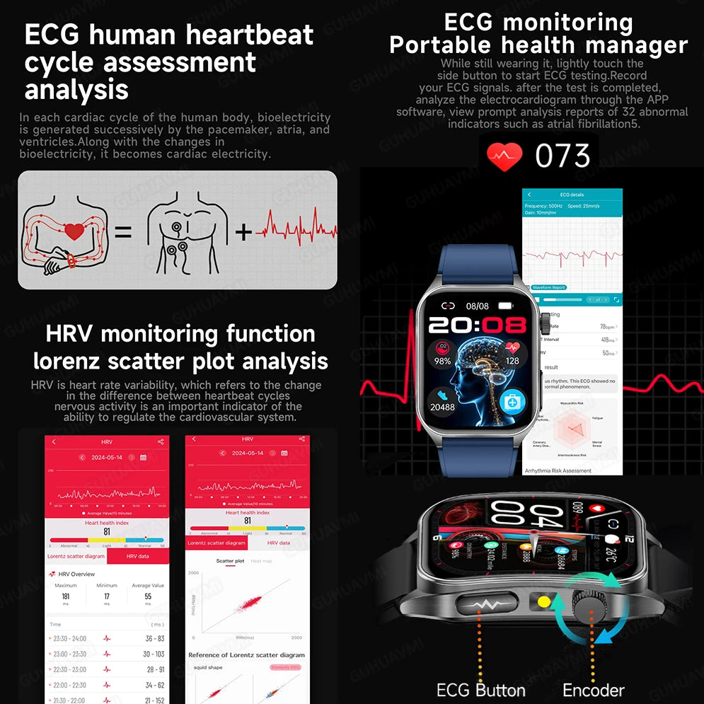 GUHUAVMI New Laser Therapy ECG+PPG Smart Watch Health Monitor Blood Lipids Uric Acid Heart Rate Tracking Monitoring Smartwatches