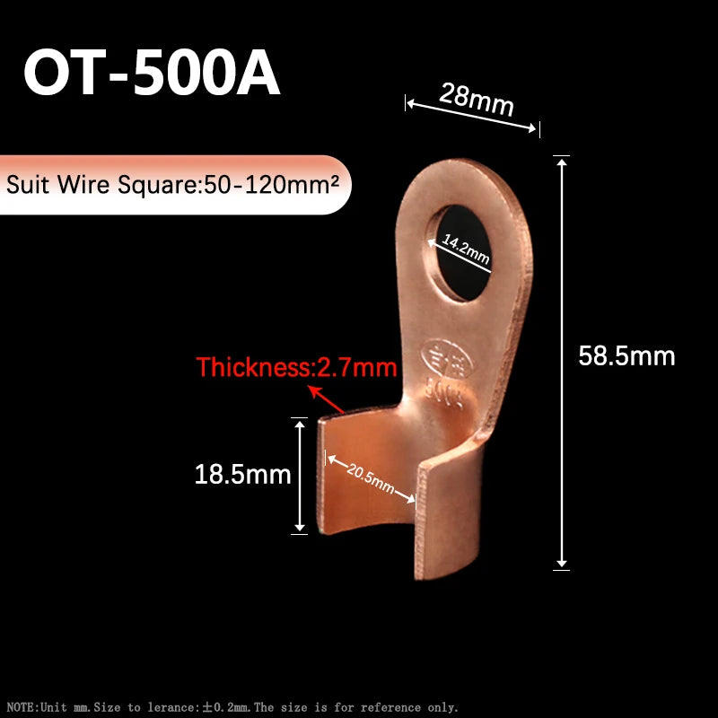 OT Series Wire Terminals 100A 150A 200A 250A 300A 400A 500A Red Copper Bare Nose Lugs Crimp Open Mouth Cable Connector Splice