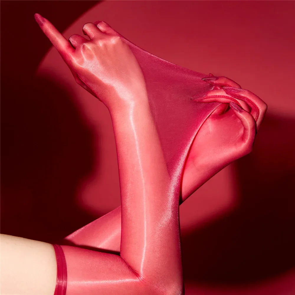 Sexy Women 1D Thin Glove Elastic Oil Glossy Shiny Long Finger Glove Sheer See Through Long Glove Driving Dance Gloves