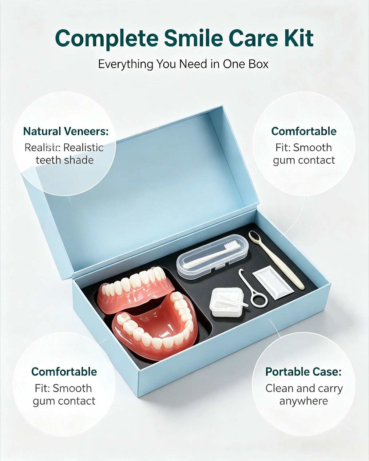 Silicone denture set, ivory colored dentures, instantly burst into a confident smile, comes with a toothbrush and tweezers