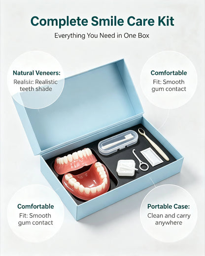 Silicone denture set, ivory colored dentures, instantly burst into a confident smile, comes with a toothbrush and tweezers