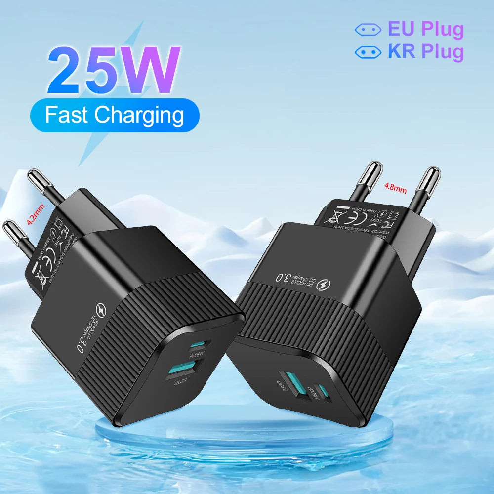 2 Ports PD 25W USB C Fast Charger KR EU  Mini Travel Plug Phone Fast Charging Adapter for iPhone 15 Pro Max Oneplus
