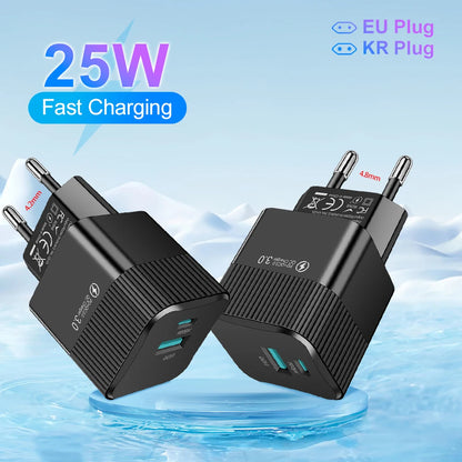 2 Ports PD 25W USB C Fast Charger KR EU  Mini Travel Plug Phone Fast Charging Adapter for iPhone 15 Pro Max Oneplus
