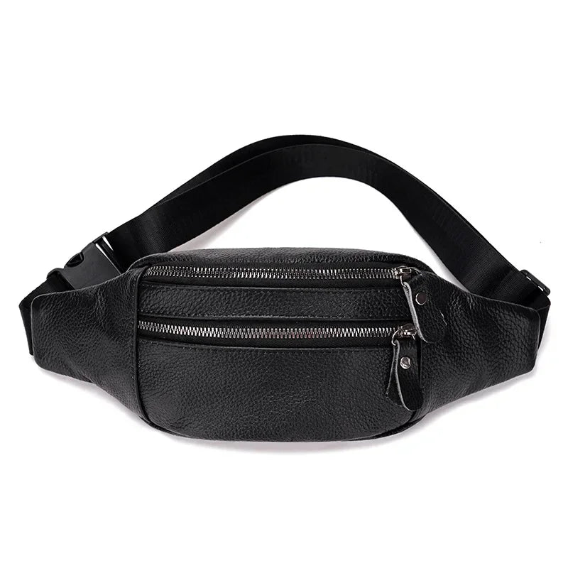 Men's Genuine Leather Chest Bag Double Zipper Cowhide Fanny Pack Casual Crossbody Sling Bag for Daily Commute & Travel