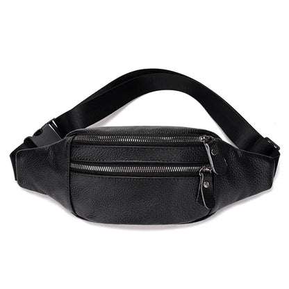 Men's Genuine Leather Chest Bag Double Zipper Cowhide Fanny Pack Casual Crossbody Sling Bag for Daily Commute & Travel