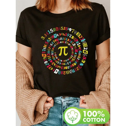Women's Mathematics Enthusiast T-shirt Color Spiral Pi (π) Black Top Teacher and Mathematician Casual and Pi Festival Women Top