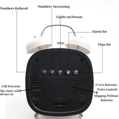 Voice Control Digital Alarm Clock Double Bell Super Loud for Heavy Sleeper Night Mode 12/24H Night Anti-disturb Table LED Clock