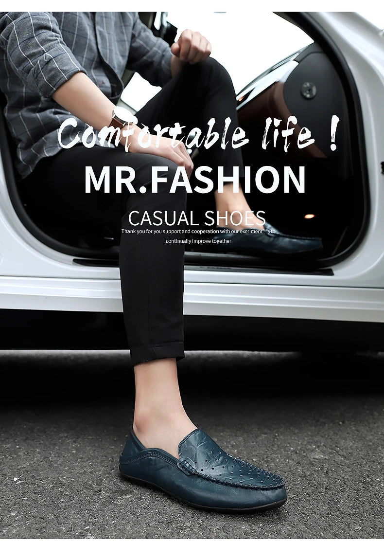 Men's Driving Shoes Large Size Loafers Hollow out Casual Bean Bean Shoes Leather Slip-On Footwear for Men