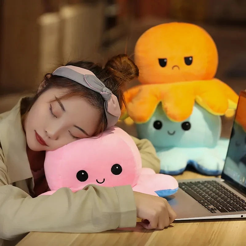 18/28/48cm Cute Reversible Mood Octopus Plush Toy Double Sided Flip Octopus Pillow Soft Stuffed Animal Doll Home Room Decor Gift