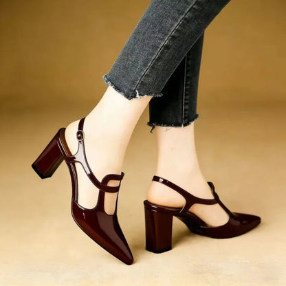 Women Pumps Pointed Toe Block High Heels Slingback Mary Janes Cutout Ankle Strap Elegant Office Career Dress Shoes