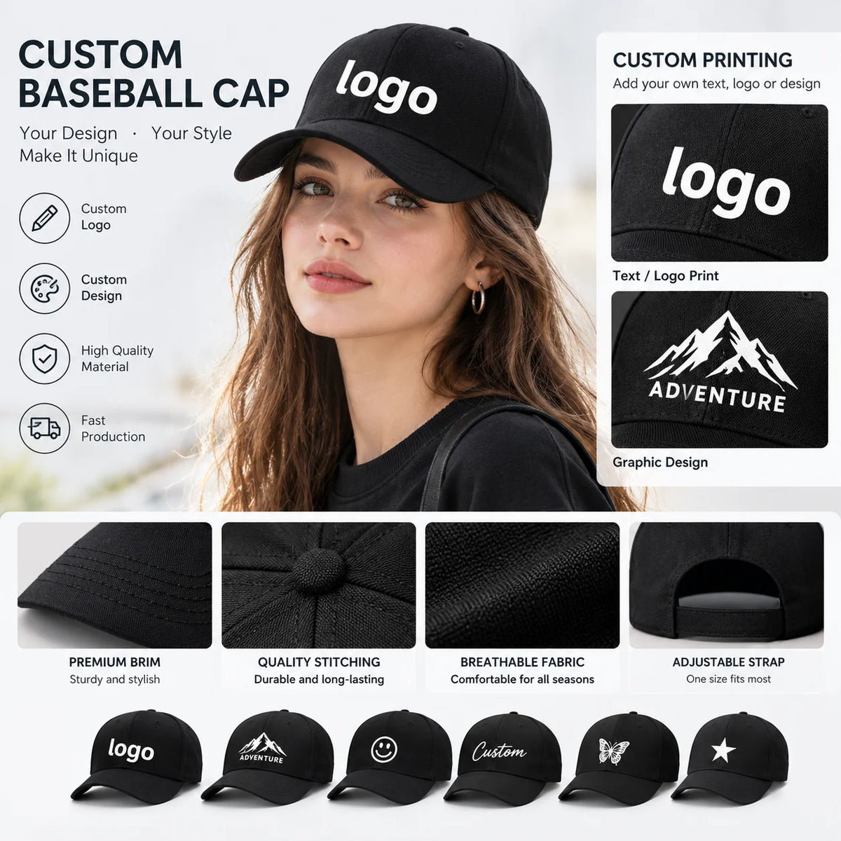 Customized Printed Logo DIY Baseball Cap Unisex Adjustable Men Women Sport Trucker Hat Solid Color Personalized Caps