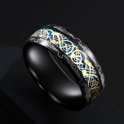 30 Colors Fashion 8MM Men Stainless Steel Celtic Dragon Rings Inlay Carbon Fiber Rings For Men Women Wedding Party Jewelry Gifts