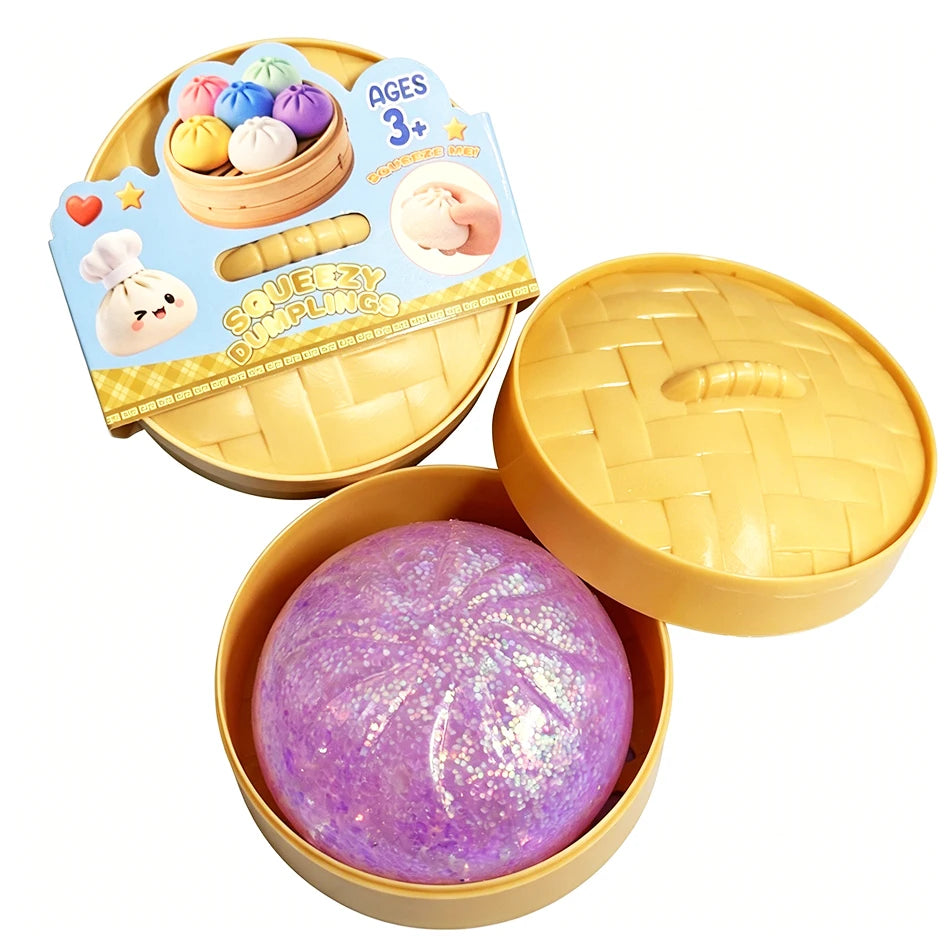 Colorful Dumpling Squishes Stress Balls Fidget Sensory Toys Simulation Food Squishies Bun with Steamer Squeeze Dough Ball Gifts