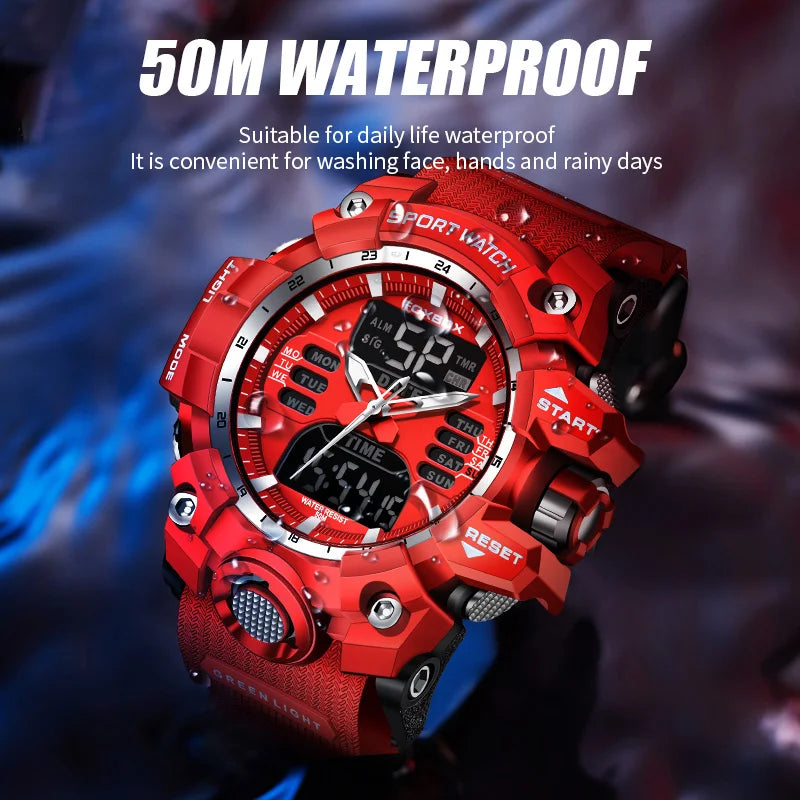 FOXBOX Top Brand Sports Military Quartz Men Watch Waterproof Dual Display Digital Fashion Big Watch For Men LED Man Wristwatch