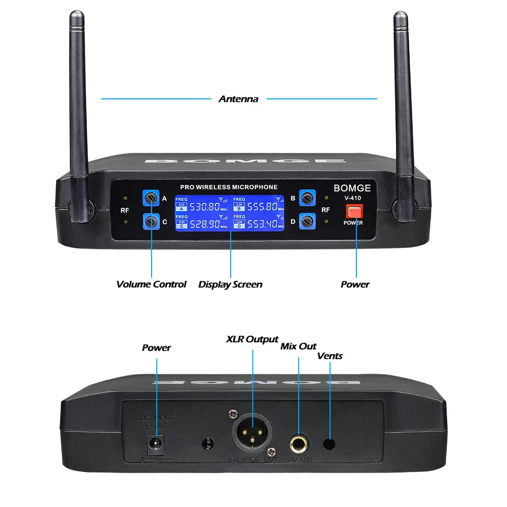 BOMGE 4 channel wireless microphone System Cordless Mic Set With Four Handheld Mics Fixed Frequency, Long Range 200ft