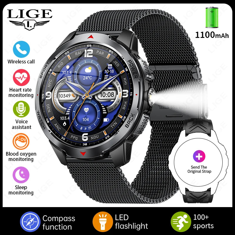 LIGE 1100mAh Military Outdoor Smart Watch Men 1.7" Large Display Compass Sports Watch IP68 Waterproof Bluetooth Call Smartwatch